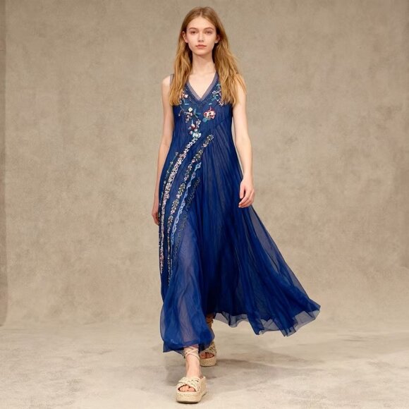 NWOT Johnny Was Biya Mazzy Bias Embroidered Floral Blue Mesh Maxi Dress Sz M - Picture 1 of 12